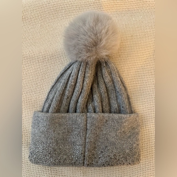 White House Black Market Gray Knit Hat with Rhinestones & Pom Pom - Picture 2 of 3